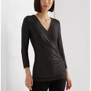 Ralph Lauren Shimmer Surplice Ruched Jersey Top, S, Metallic Gray | NEW $90